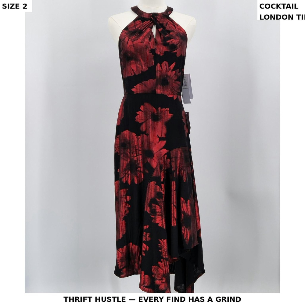 London Times Halter Midi Dress Size 2 Black Red Floral Asymmetrical Cocktail NWT